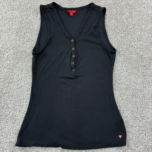 Guess Womens Black Ribbed Henley Tank Top V-Neck Sleeveless Large Y2K Goth Moto - Picture 3 of 8